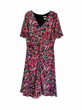 London Times 14W Floral Ruched Midi Dress Pink Plus